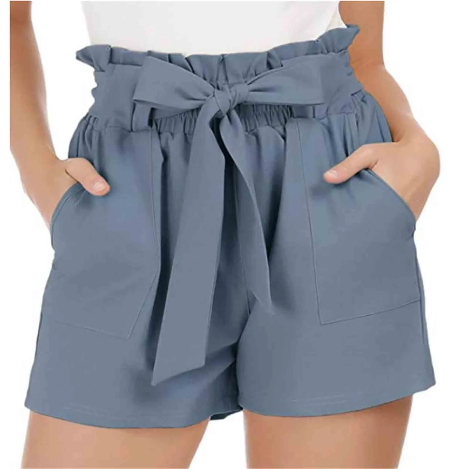 Women Summer Shorts Elastic Waist Drawstring Solid Color Shirring Above Knee Length Daily Wear Pockets High Waist Leisure Short