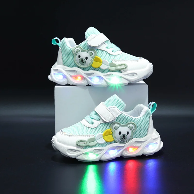 2023 Summer Children\'s Single Mesh Shoes Baby Soft Sole Walking Shoes LED Illuminated Hollow Breathable Board Shoes