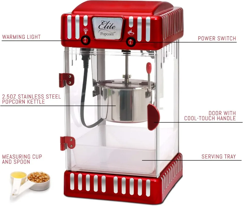 2.5 Ounce , Tabletop Kettle Popcorn Popper Machine, Retro-Style, Movie Hot Buttered Popcorn, Red