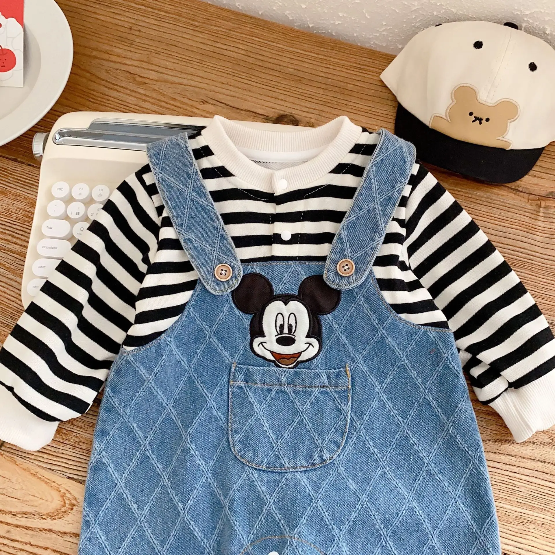 Autumn Winter Fashion denim Toddler Baby Boys Girls Cartoon mickey stitching Romper Kids Playsuit Jumpsuit Clothes