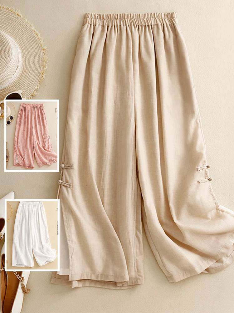 

Дышащие хлопково-льняные брюки для йоги с высокой талией, прямые, повседневные, свободного кроя, длиной 7 дюймов, с пуговицами, с высокой талией