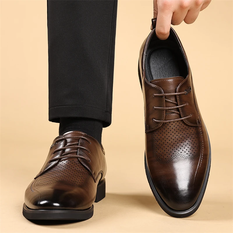 Men's Summer Breathable Leather Shoes Hollow out Comfortable Fashionable Business Formal Derby Shoes British Style-SJ2502-1