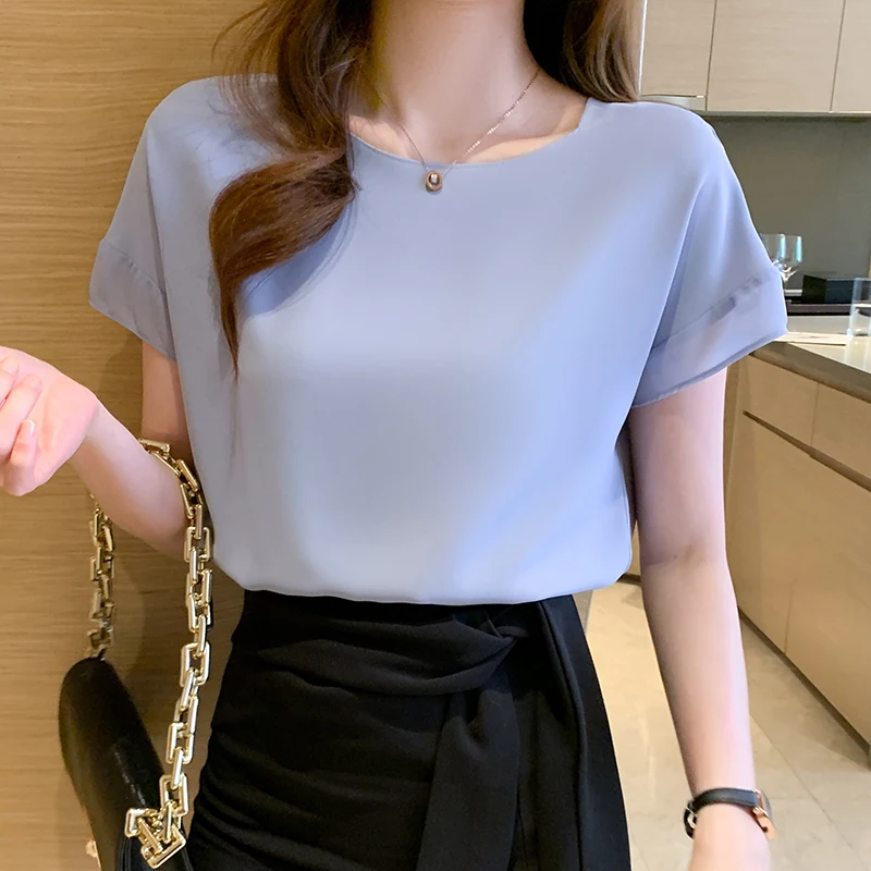 Summer Short Sleeve Women Blouse O-Neck Chiffon Blouse Shirt Tops Blouse Women Blusas Mujer De Moda 2024 Blouses Top Femme F107