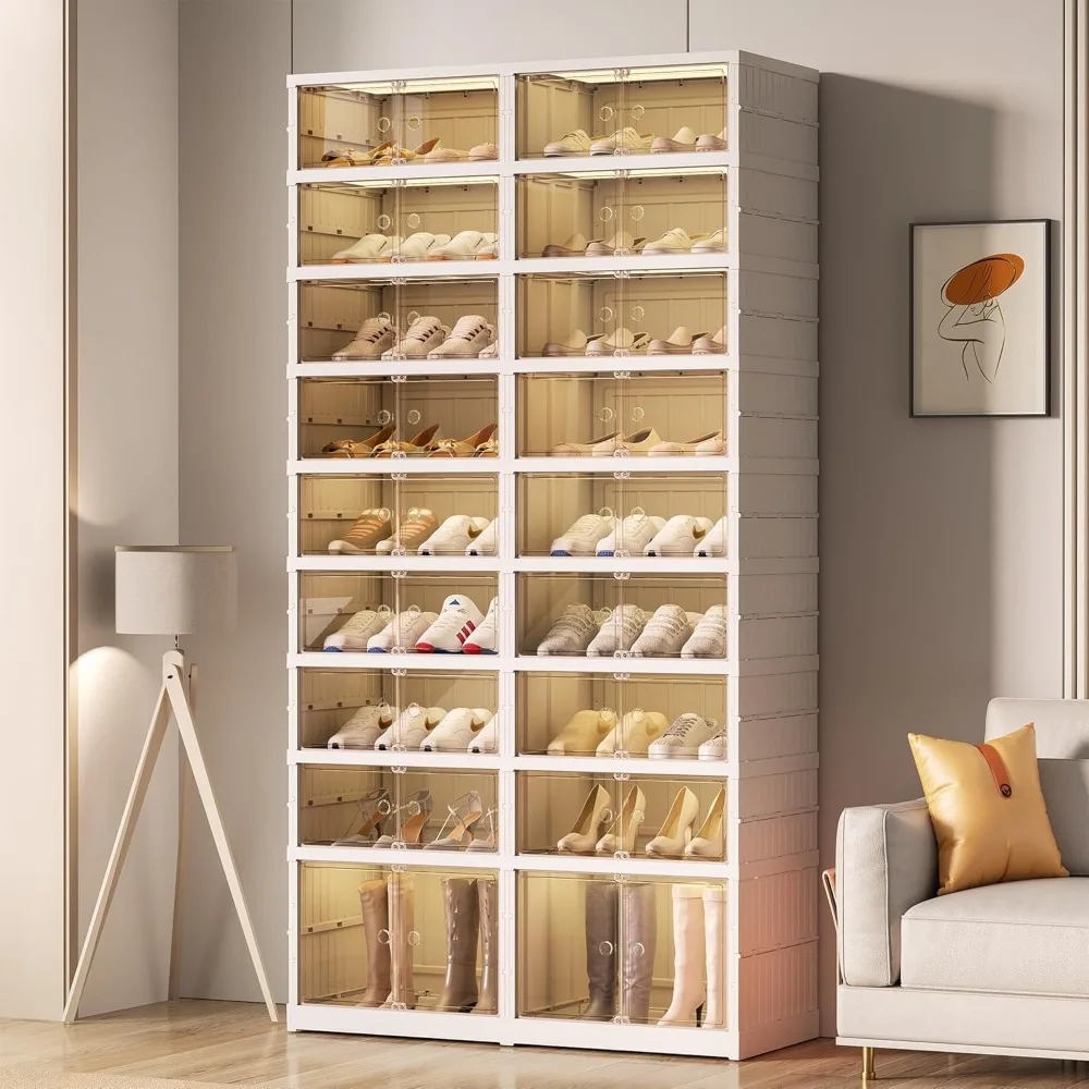 

"wheeled foldable shoe rack for closet and entryway with clear magnetic doors and large stackable plastic storage"