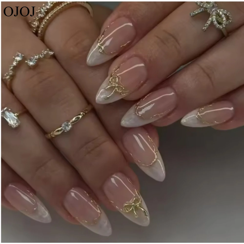 เล็บปลอมเจล 3 มิติ ลายดอกไม้ฝรั่งเศสสีเหลือง OJOJ แบบกดติด ใช้ซ้ำได้ คุณภาพระดับร้านทำเล็บ หลายขนาด ติดแน่น 24 ชิ้น