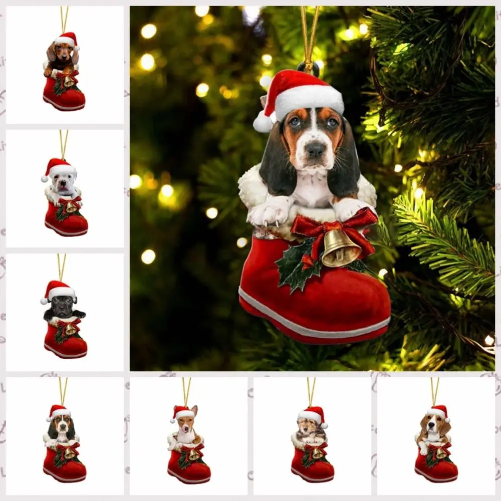 2d cão árvore de natal pingentes decorativos acrílico ornamentos de árvore de natal dos desenhos animados pendurado filhote de cachorro acrílico pingente de natal