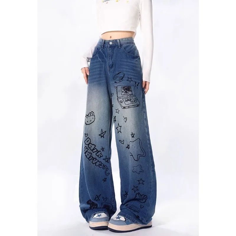 Sanrio Hello Kitty Jeans Graffiti Print Trousers Y2k Pants Student Casual Baggy Pants Washed Design Loose Hip Hop Sweatpants