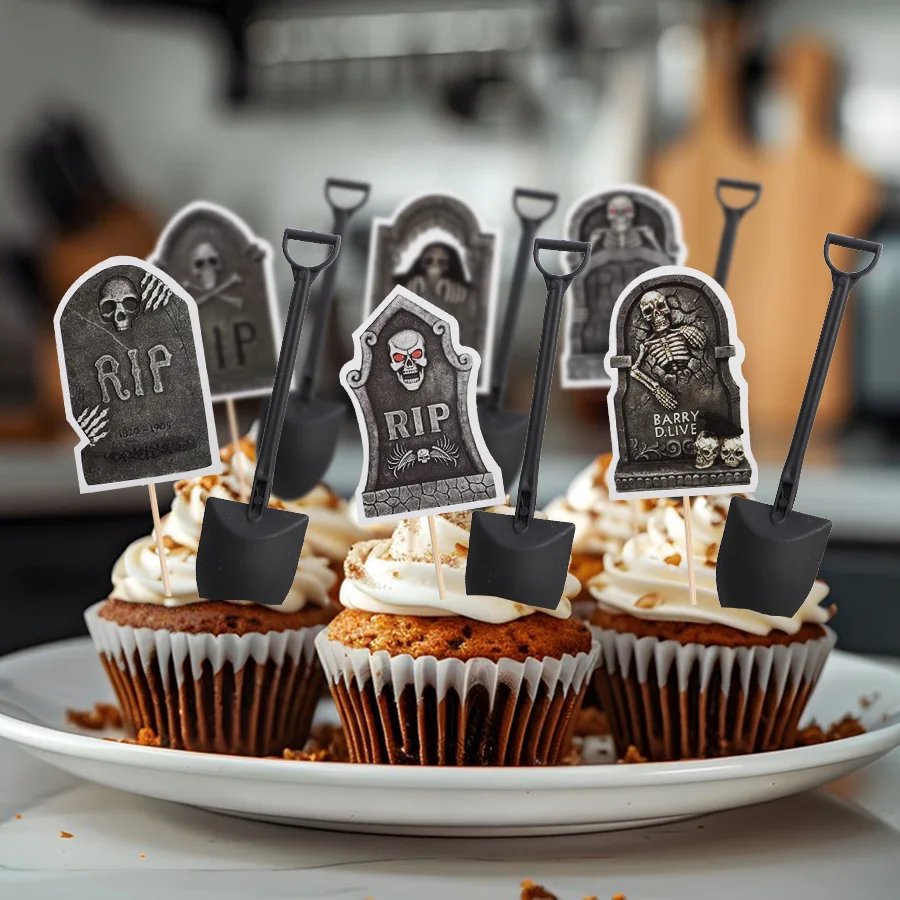 16/32 Stück Halloween Horror Cupcake Topper Grabstein Skelett Kuchen-Dessert-Deko Halloween Geburtstag Party Dekorationszubehör