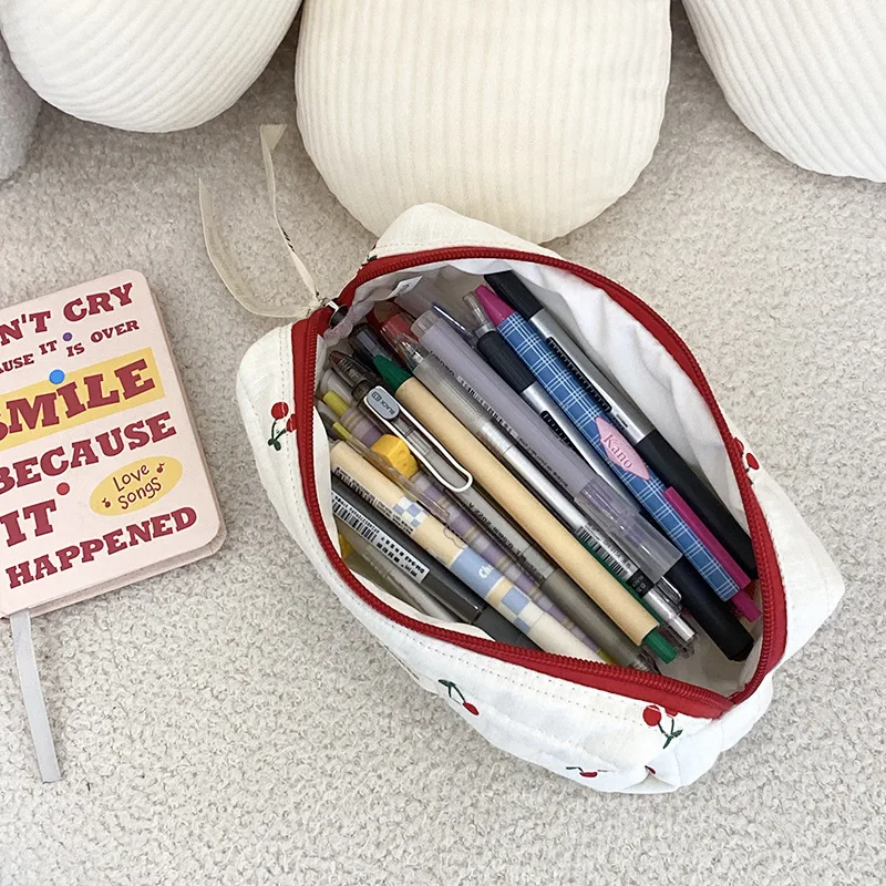 Student's Pencil Case Bag Kawaii Cherry Embroidery Pattern Fashion Travel Essentials Pochette Maquillage Toiletry Bag Make Up