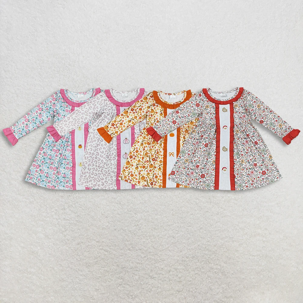 

Рождественское платье для маленьких девочек с вышивкой и цветочным принтом, торт Санта-Клауса, длиной до колена, с длинными рукавами, дизайн печенья, праздничный наряд для девочек