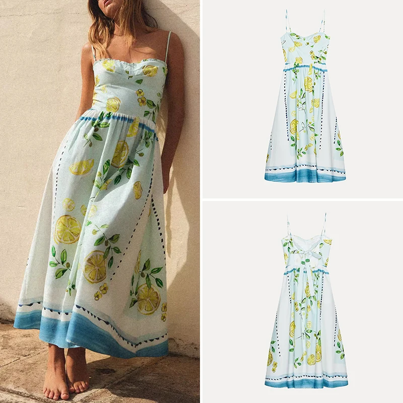 여름 신상 여성용 면 레몬 프린트 실크 드레스 레몬 향 휴가 스타일 민소매 가운 자다타 브랜드