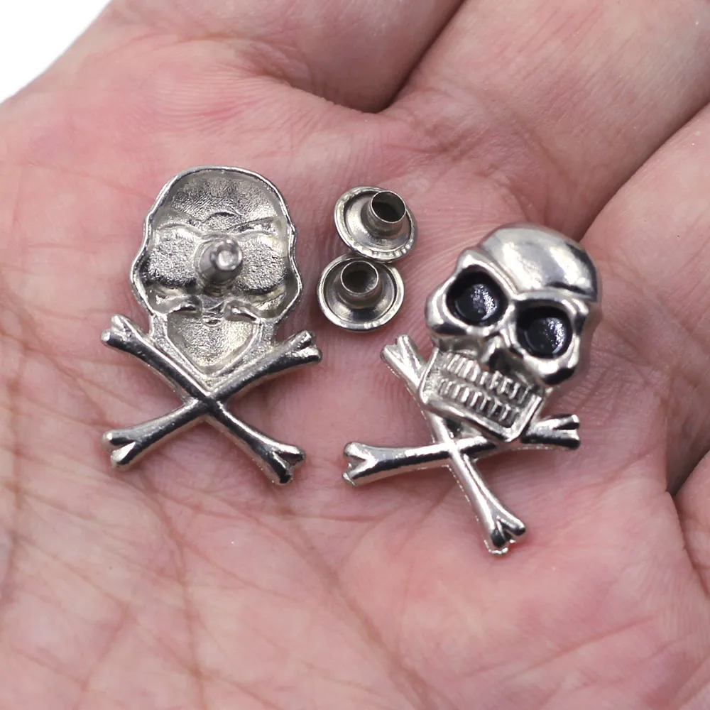 Antique Silver Tone Punk Skull Crossbone Spike Garment Rivets Studs Spots Sewing Bags Shoes Wholesale 24x17mm 7mm