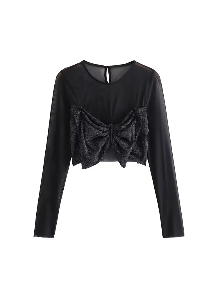 TRAF 2024 Black Crop Blouse Women Shiny Bow Blouse Tops For Women Tulle Semi Transparent Blouses Woman Long Sleeve Sexy Top