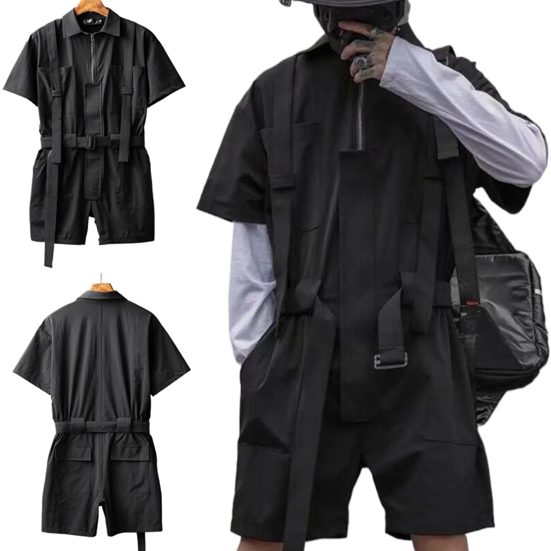 

Black Casual Workwear Jumpsuits Men Korean High Street Youth Loose Fitting Short Sleeved All-in-one Suit Safari Cargo Half Pants