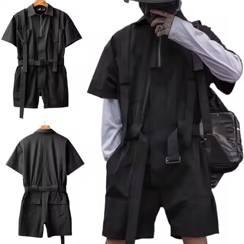Black Casual Workwear Jumpsuits Men Korean High Street Youth Loose Fitting Short Sleeved All-in-one Suit Safari Cargo Half Pants