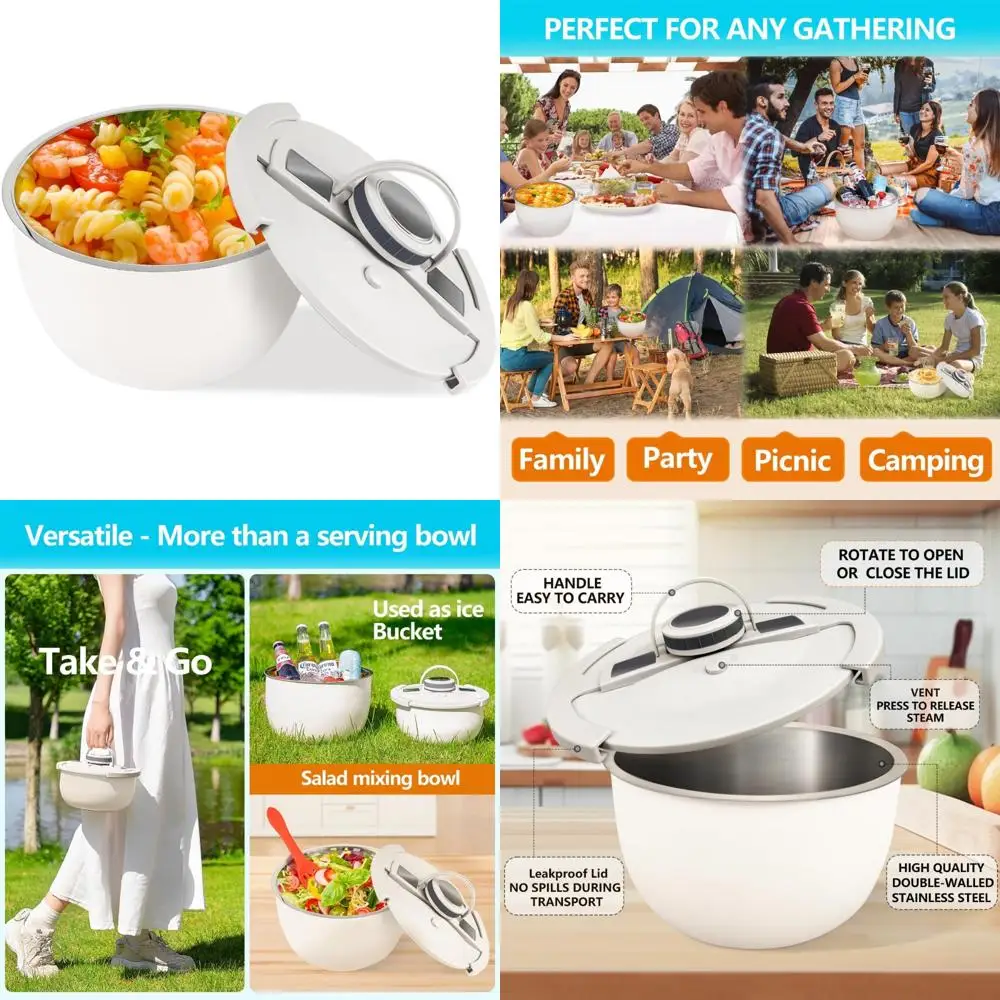 

Stainless Steel Insulated Serving Bowl with Leak-Proof Lid - Perfect for Warm or Cold Dishes, Ideal for Parties and Everyday Use
