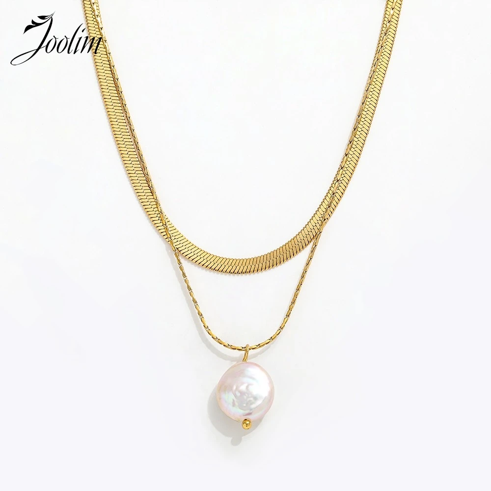 

Joolim Jewelry Wholesale Fashion Elegant Natural Freshwater Pearl Pendant Double Layer Chain Stainless Steel Necklace for Wom