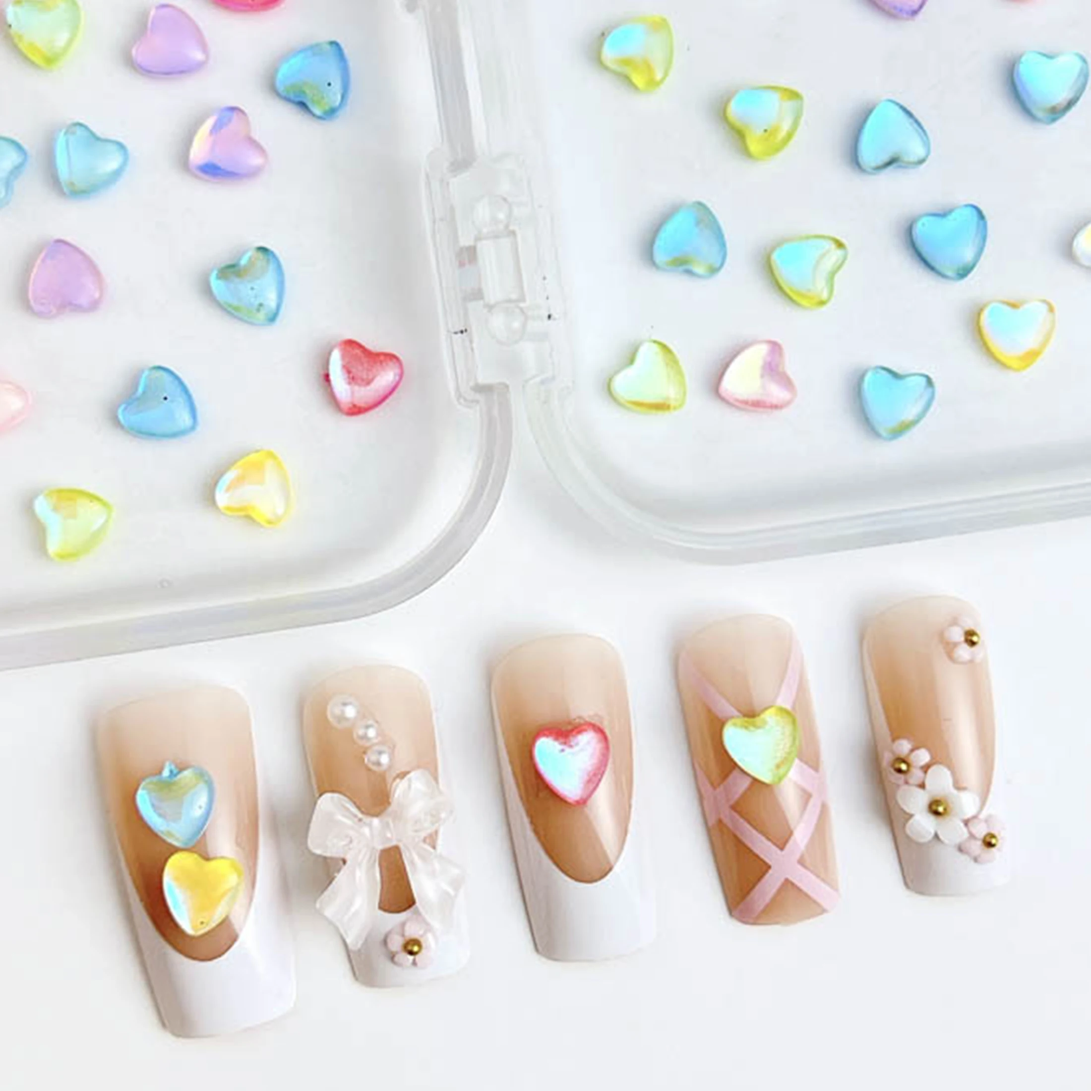 100 peças peças de unhas coração mocha resina fluorescente amuletos strass glitter acessórios de arte decoração acessórios kawaii