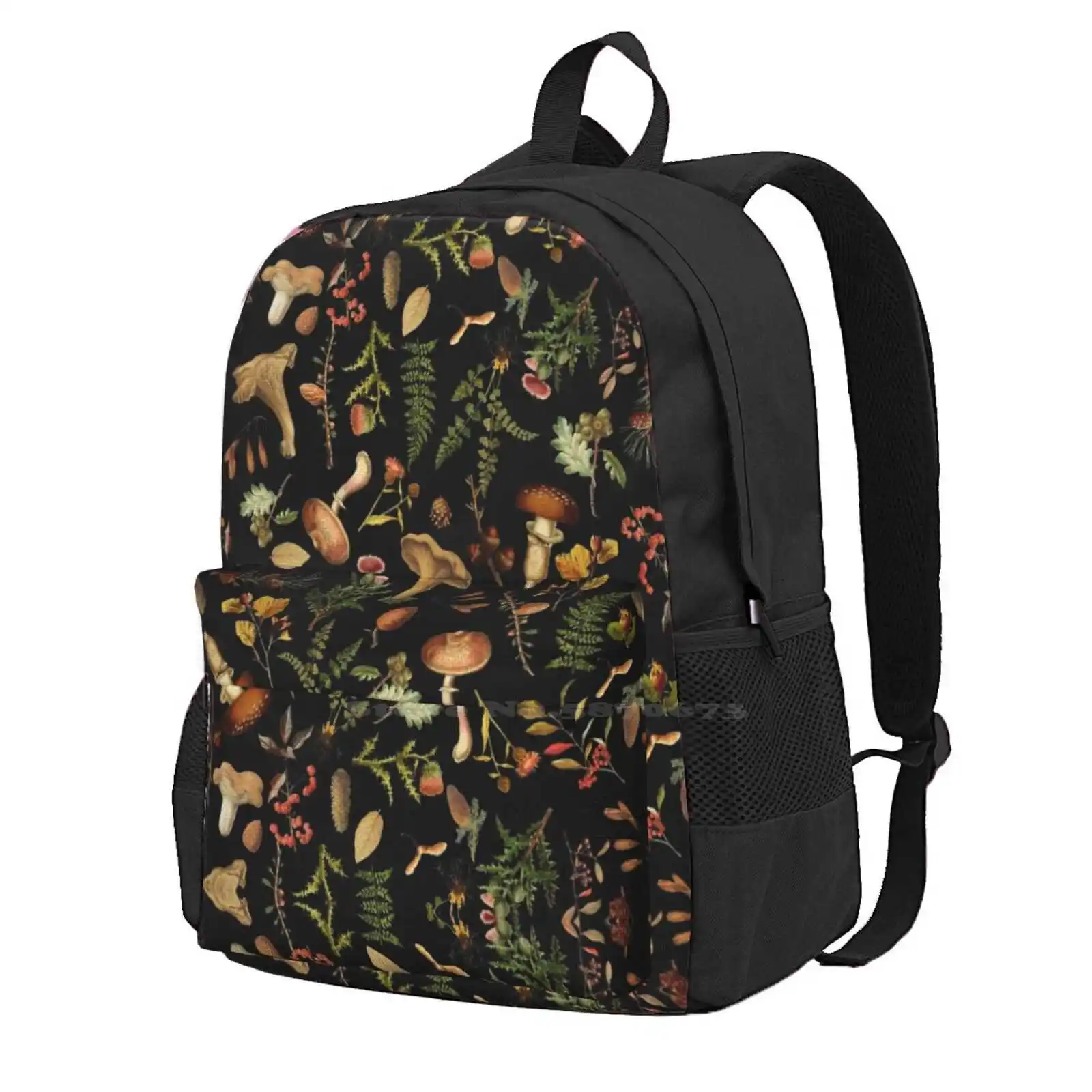 Vintage Mushrooms Woodland Botanical Pattern-Black 3d Print Design Backpack Student Bag Botanical Yellow Cream Flowers Vintage