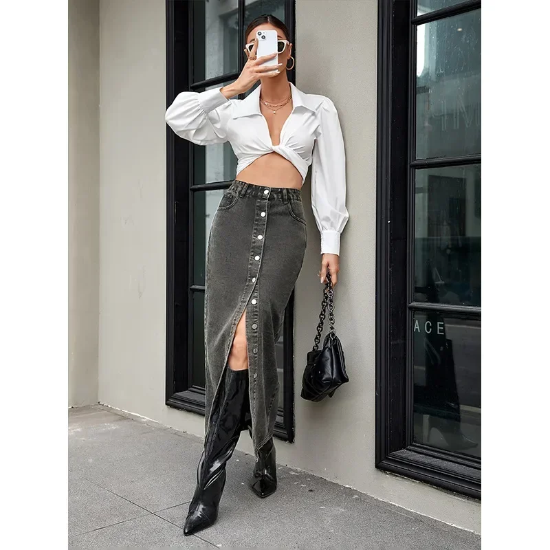 تنورة الدنيم خمر المرأة مرونة الخصر غسلها المتعثرة جيوب واحدة الصدر سبليت ألف خط الشارع الشهير التنانير الطويلة