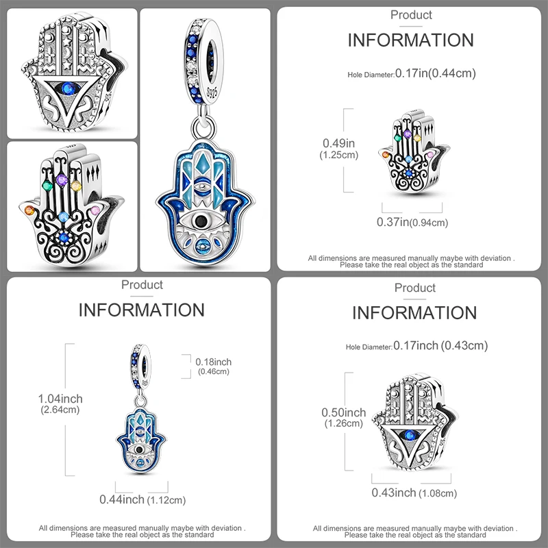 3-teiliges 925 Sterling Silber Hamsa Hand Böser Blick Charm-Set Glücksbringende Blaue Augen-Perlen DIY Armband Halskette Geschenk für Frauen – Detail 6