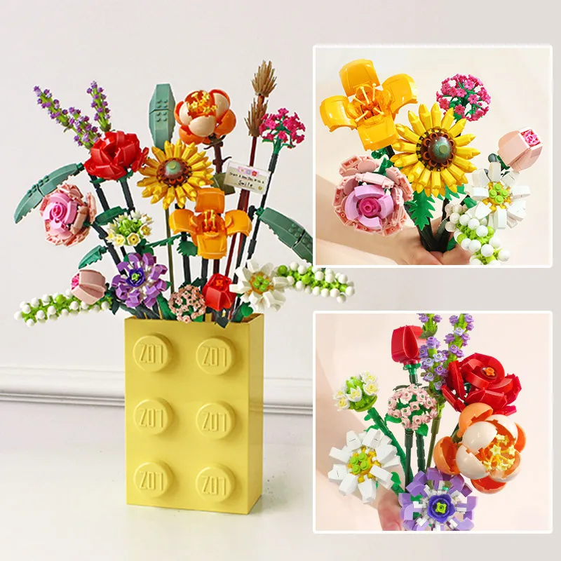 Mini Boeket Bouwstenen Romantische Rose Chrysant Ingemaakte Bloemstuk Ornamenten Diy Montage Speelgoed Vakantiegeschenken