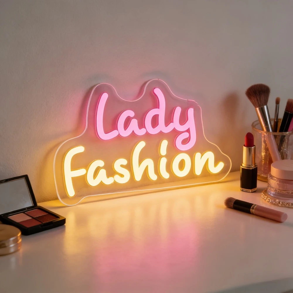 

Неоновая вывеска LADY FASHION: розово-желтая в форме облака, светодиодная неоновая подсветка для макияжной комнаты, салона красоты, декора гардеробной, подарок для девушек