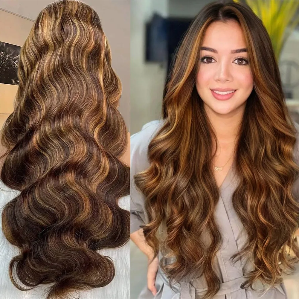 36In mettre en évidence la perruque de vague de corps 100% perruques de cheveux humains pour les femmes noires miel Blonde dentelle avant perruque 13x6 HD dentelle frontale perruque brésilienne