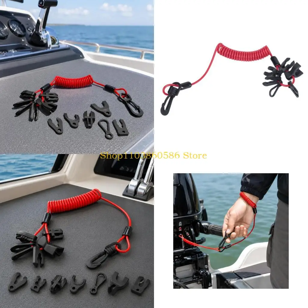 242A Outboard Engine Safety Tether Service Kit with 7 Key Clips, Flexible Stretch TPU Lanyard and Hook Clip for Boat Operators