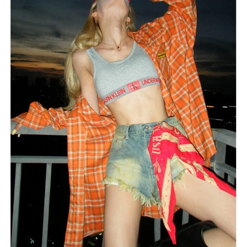 Deeptown Vintage Plaid Women Shirts Harajuku Long Sleeve Korean Fashion Gyaru Blouses Oversized Orange Commute Sunscreen Summer