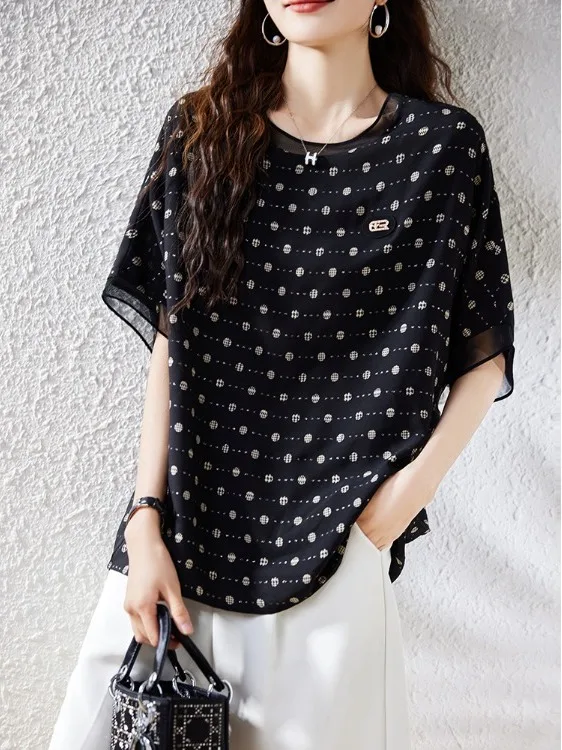 

Fashionable Casual Short Sleeve Chiffon Top plus Size Women's Summer New Style Versatile plus MM Atmosphere Top