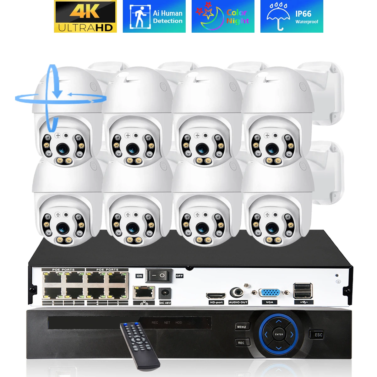 8CH 4K PTZ CCTV Camera System 5MP Security Outdoor Ai Human Detected IP Camera POE Two Way Audio Video Surveillance Set Xmeye