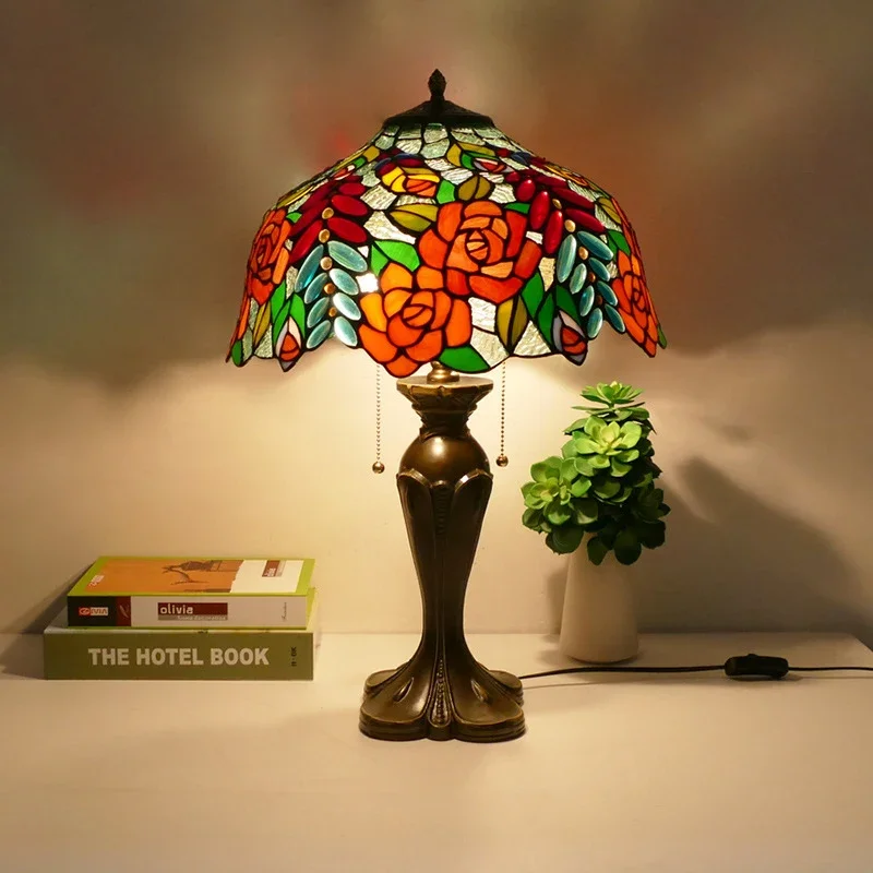 PLLY Tiffany Table Lamp American Retro Living Room Bedroom Lamp Luxurious Villa Hotel  Stained Glass Desk Lamp