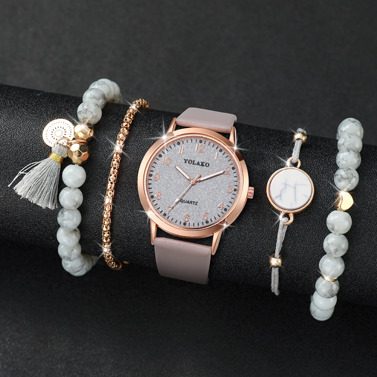 5PCS/Set Fashion Arabic Dial Women Quartz Watch Casual Leather Band Wrist Watches Bracelets Set(Without Box)