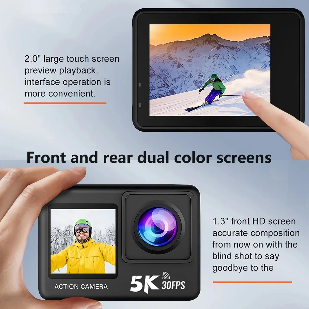 กล้องแอคชั่น 5K 4K60fps จอคู่ EIS ป้องกันการสั่นไหว WiFi 2.0 นิ้ว 170D กันน้ำใต้น้ำ รีโมทคอนโทรล กล้องติดหมวก