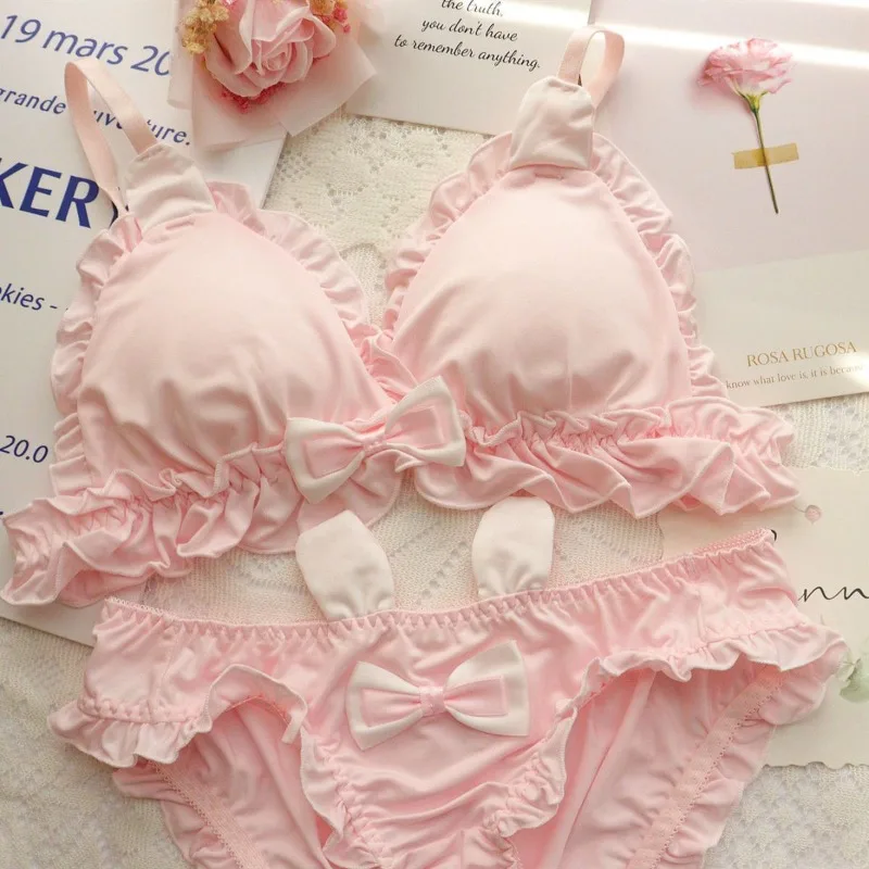 

Новый милый бюстгальтер для девочек, милое мягкое нижнее белье в стиле японской Лолиты, сборка на груди без косточек, сексуальный бюстгальтер, удобные трусики с кроликом, подарок