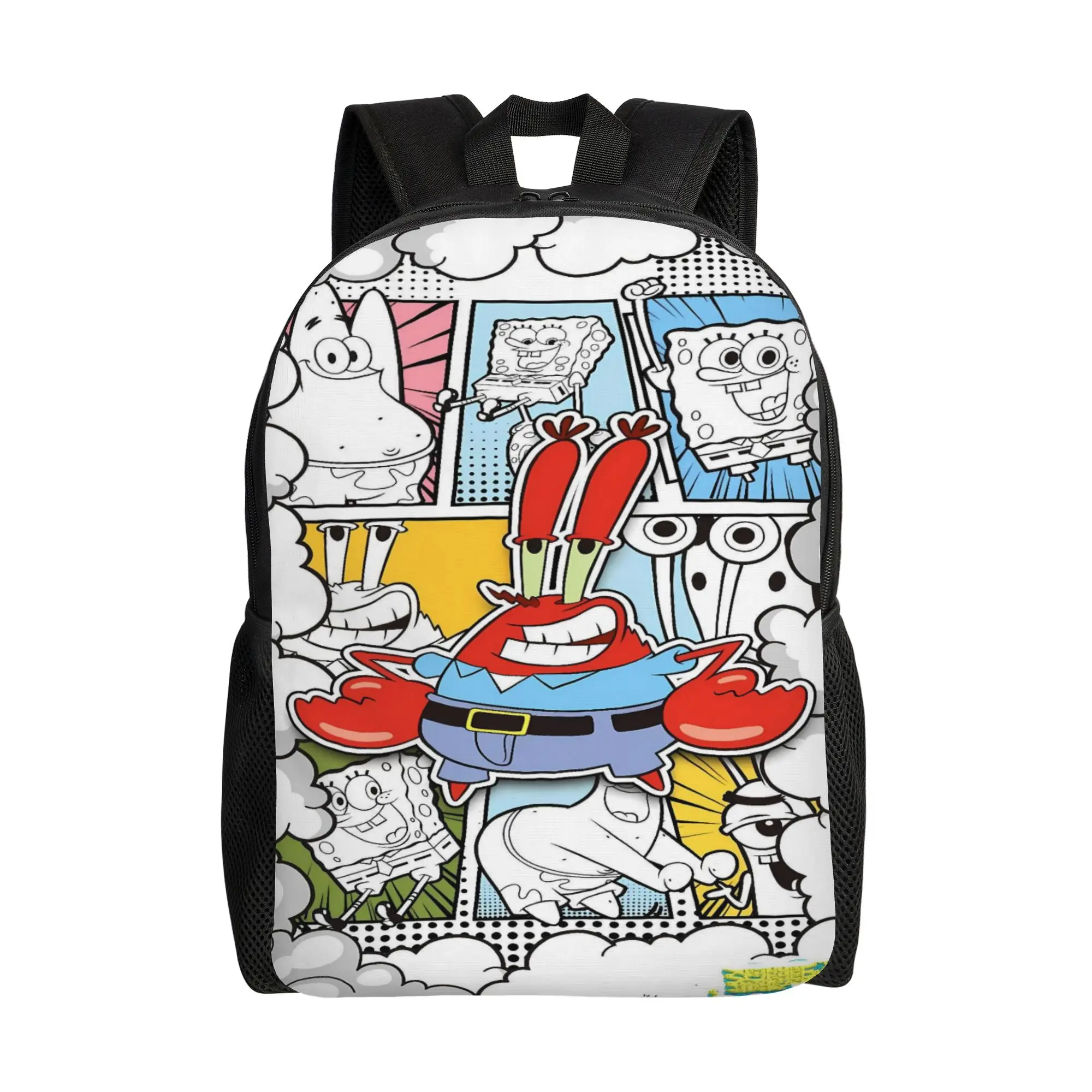 S-SpongeBobed Black White Art Backpack Student Unisex  Durable Backpacks Polyester Funny High School Bags Designer Rucksack