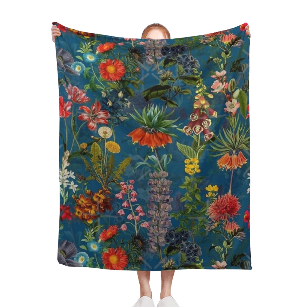 

Vintage Blue Springflower Meadow Botanical Night Garden Medium Blanket Comforter Flannel Soft throw Blankets Warm Home