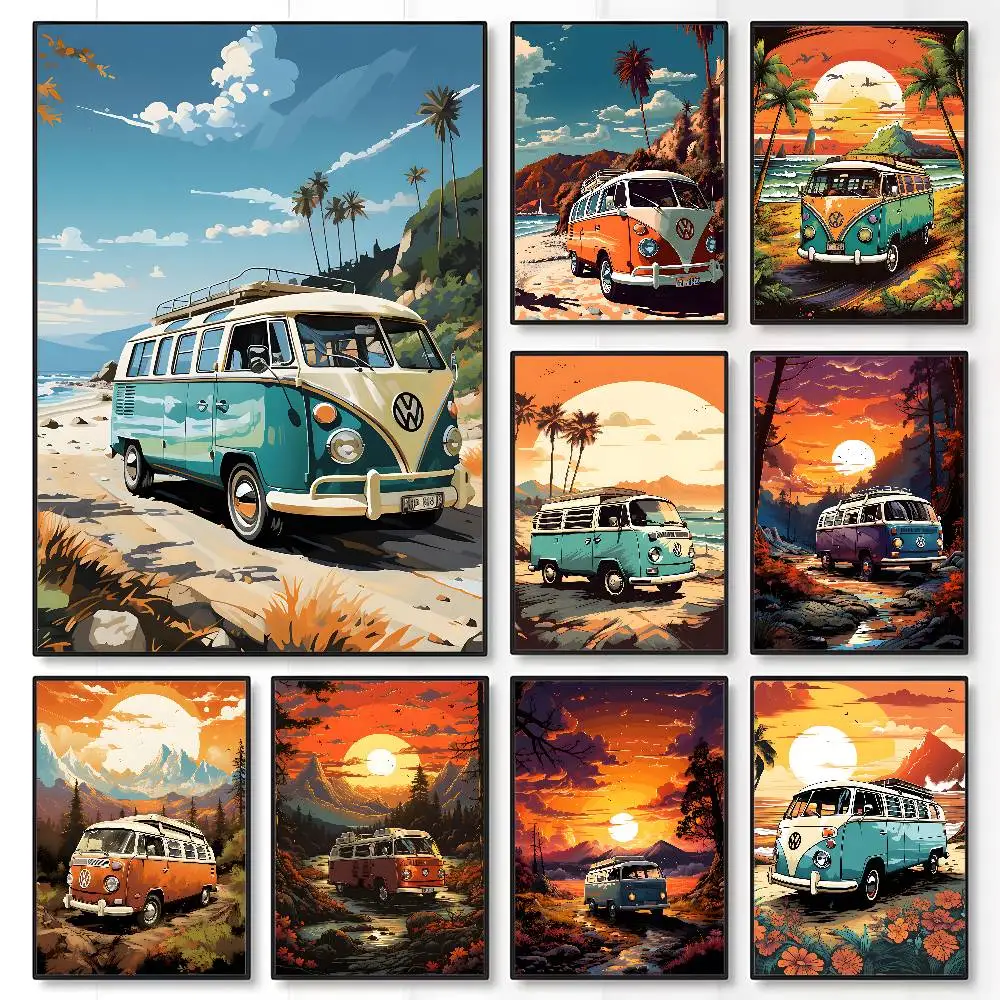 Klassische Retro-Ästhetik für Herbstreisen, VW, Bus, Strand, Reiseplakat, klebrige Wandkunst, Druck, wasserdicht, für Zuhause, Schlafzimmer, Flur