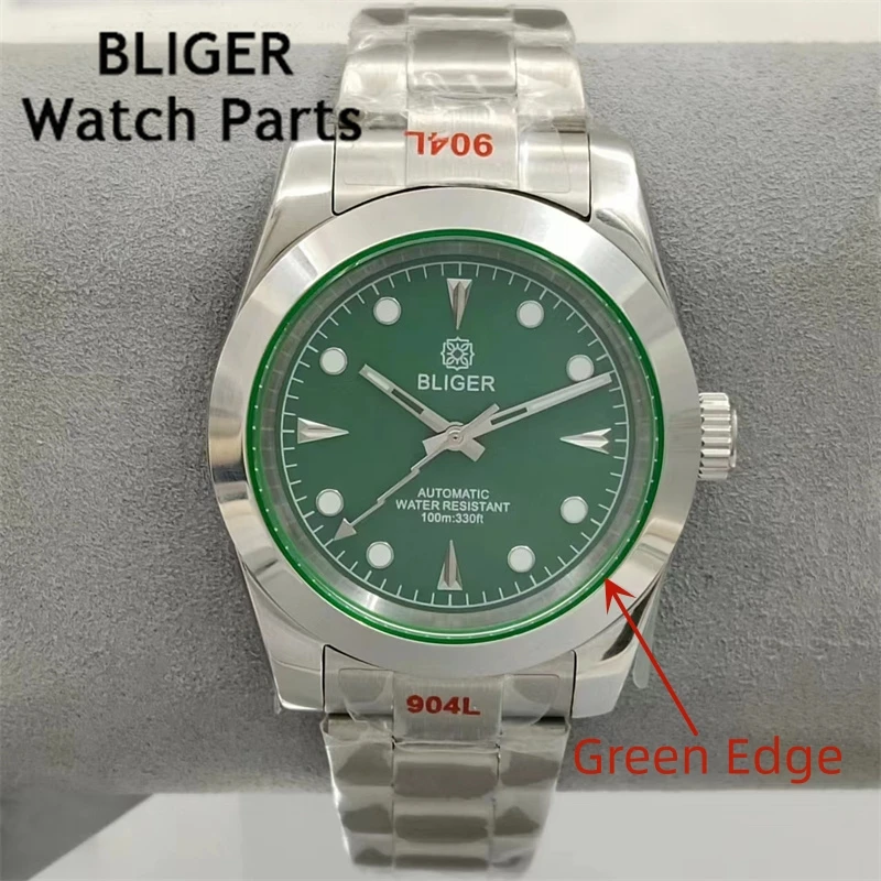 BLIGER 36mm/39mm NH35 Automatic Green Edge Polished Case sapphire glass Black Green dial Lightning Hand Oyster bracelet Luminous