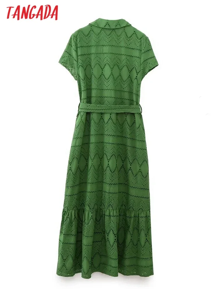 Tangada 2023 Summer Women Green Hollow Embroidery Dress With Slash Short Sleeve Female Vintage Midi Dress 6H410