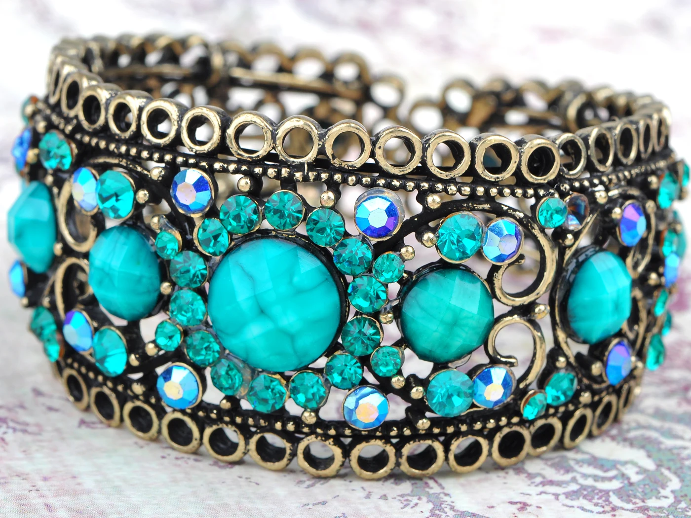 Antique Inspire Brass Tone Zircon Capri Blue Rhinestone Gem Cuff Bangle Bracelet