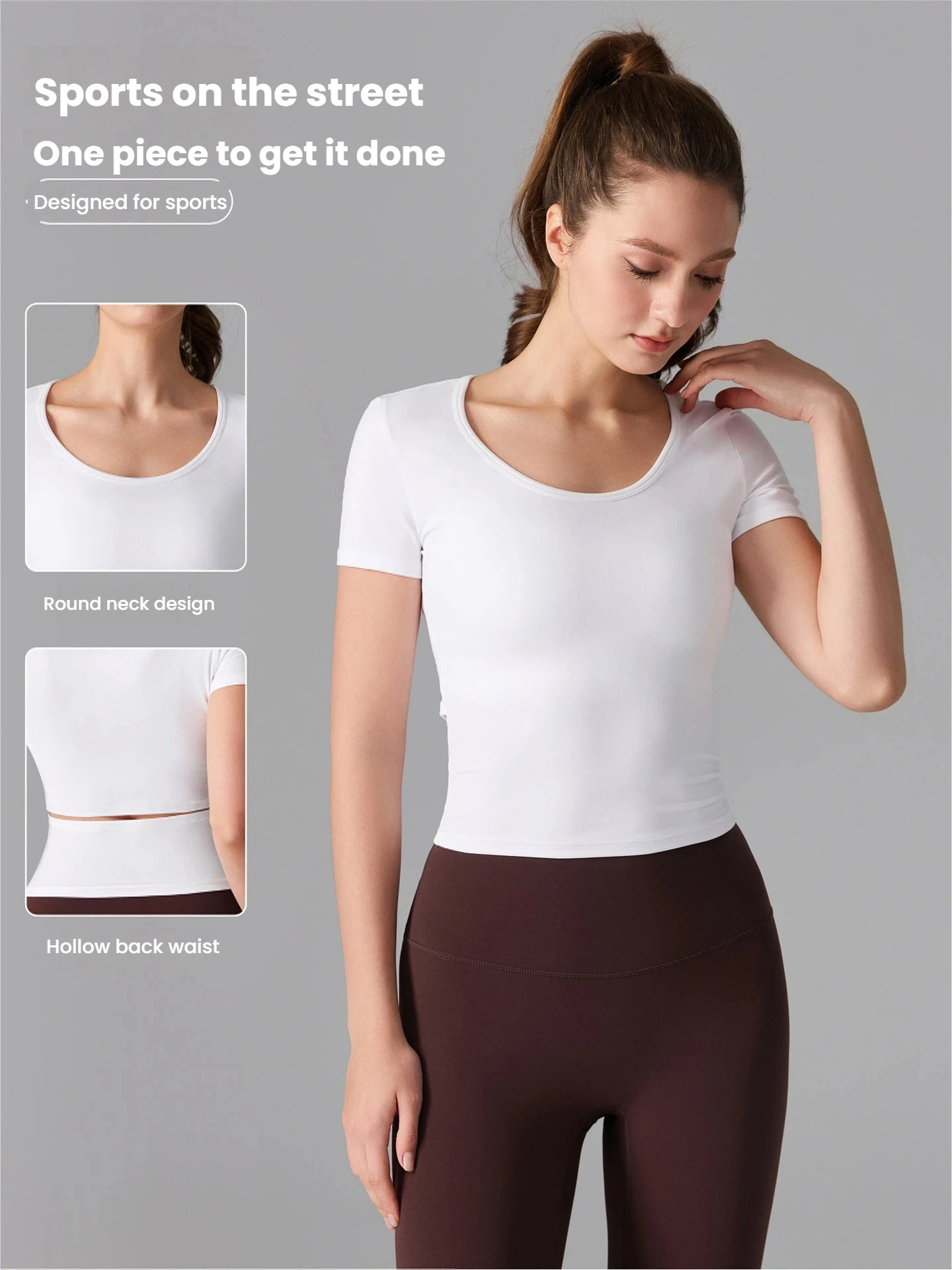 

Women's Yoga T-Shirt Round Neck Breathable Tops Hollow-Out Design Cropped Waist Lightweight Running & Fitness Top Woman Clothes