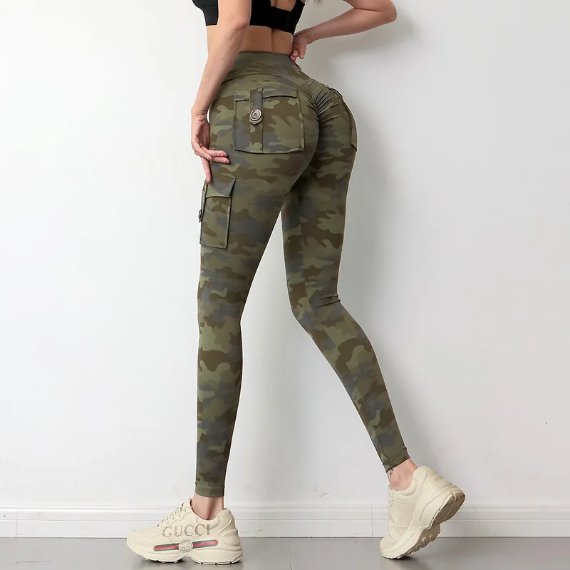 Y2k European American Camouflage Cargo Pocket Peach Hip Lift Fitness Pants Womens High Waist Quick Dry Sports Running Yoga Pants