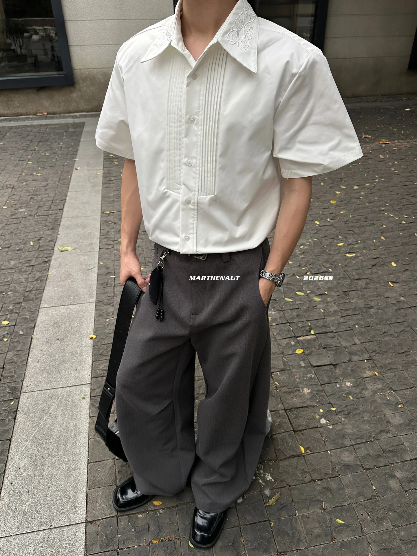 MARTHENAUT Embroidered Pleated Short Sleeve Shirt Collared Buttoned Versatile  Color Open Cardigan Style Polyester Fiber