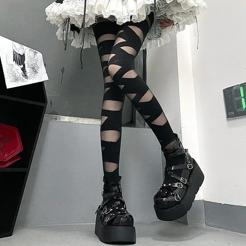 Stockings Women Bandage Silk Thigh Knee Socks Cross Strap Transparent White Black Stocks Gothic Punk Long Socks Women Hosiery