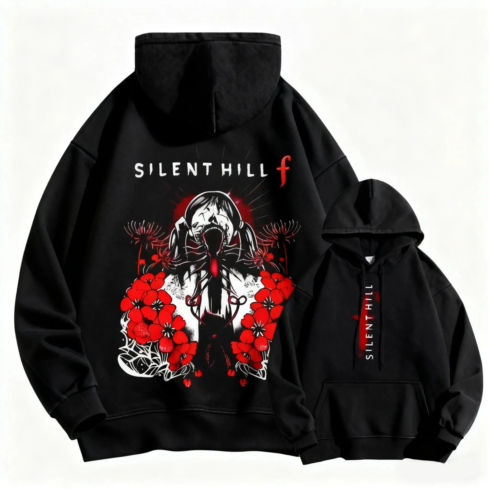 

Двусторонняя толстовка Silent Hill f — передний вертикальный текст «SILENT HILL», название игры на спине + графика японского персонажа ужасов