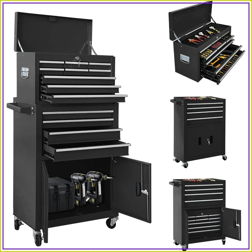13-Drawer Rolling Tool Chest, 2 in 1 Detachable Metal Tool Box with Wheels and Lock, Black