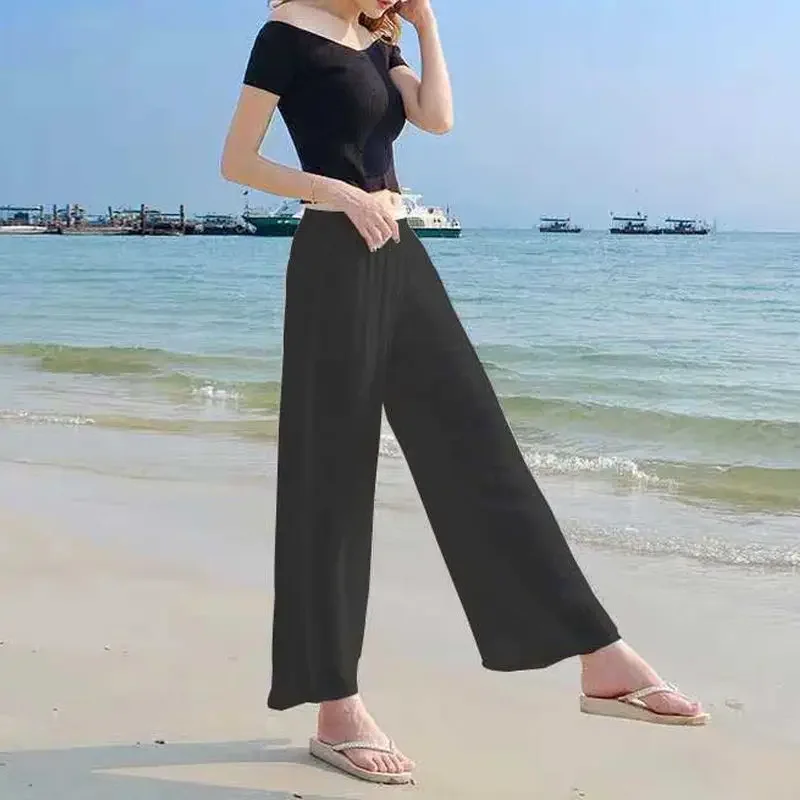 

White Women's Pants in Summer Thin Loose Draped Wide-leg High Waist Yarn Long Straight Pants E8354