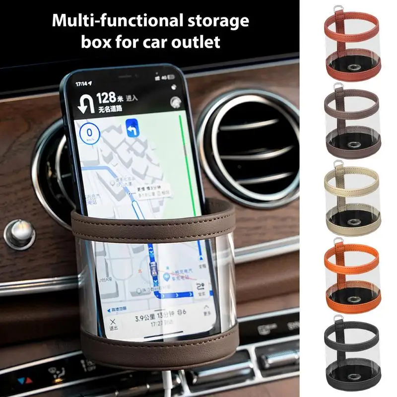 

Car Vent Organizer PU Leather Dashboard Tidy Hanging Storage Organizer Box Transparent Phone Holder Car Air Vent Bag With Hook